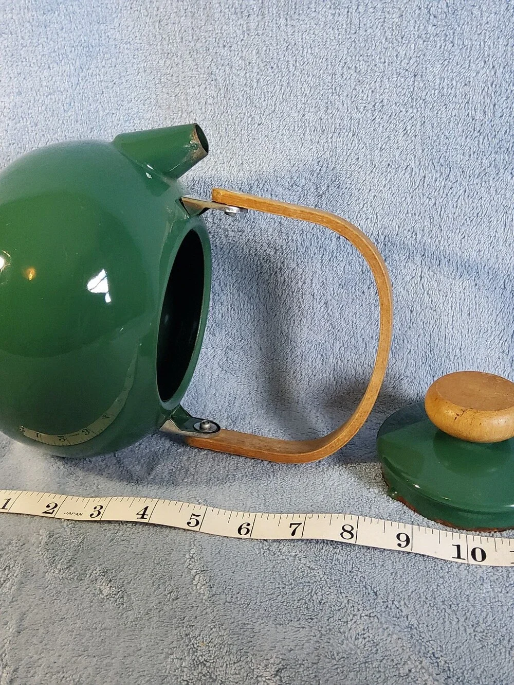 Vintage Enamelware Knob Teapot Kettle Teak Wood Handle Green Unbranded